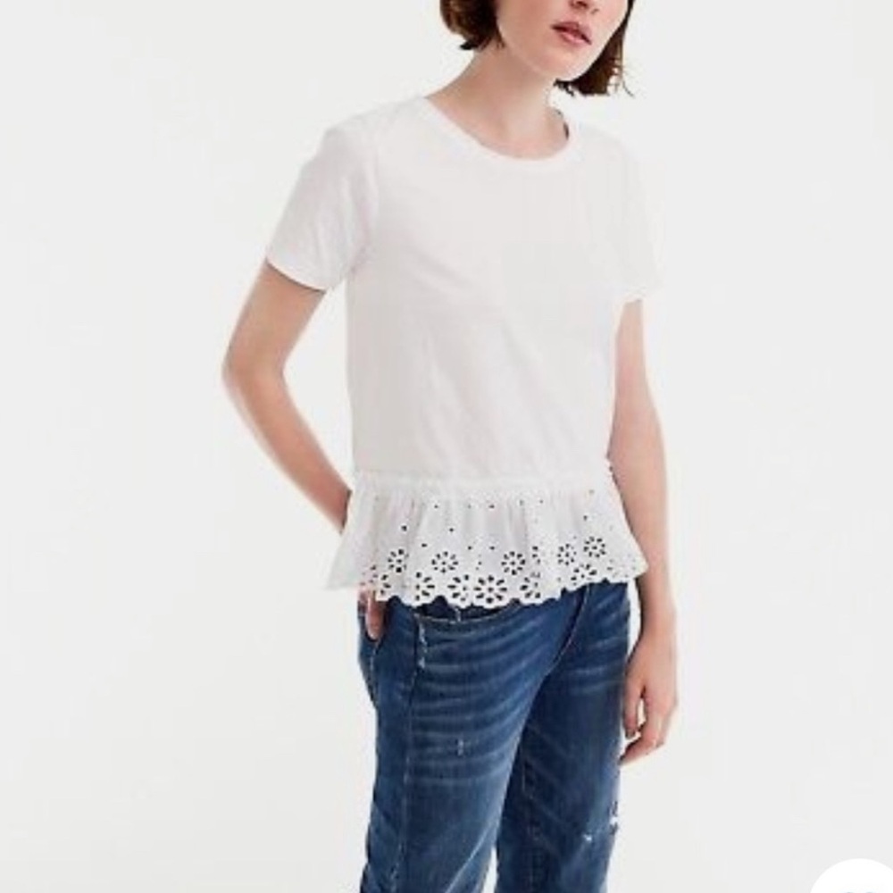 J. Crew White Tie-back, Eyelet Ruffle Tee Coquette Preppy Shirt Size XXS.
